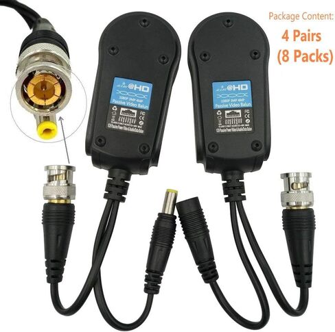4 أزواج من Balun الفيديو السلبي مع الطاقة، ترقية 1080P - 8MP BNC إلى RJ45 جهاز إرسال واستقبال الشبكة لمسافات طويلة، كابل Cat5e Cat6 إلى محول BNC ذكر لنظام كاميرا المراقبة الأمنية CCTV in Kuwait