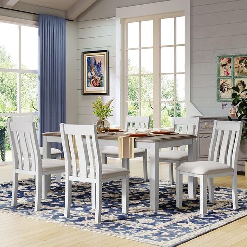 طقم كراسي طاولة خشبية منجدة قابلة للتمدد، 7 قطع، لـ 6 أشخاص، أثاث منزلي (بني + أبيض) in Kuwait