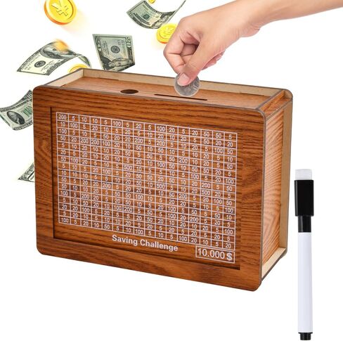 Piggy Bank for Kids Adults Wooden Money Box with Built-in Challenge - Fun and Motivational Cash Saving Box for Kids and Adults, Best Gift for Friends（$10000） in Saudi Arabia