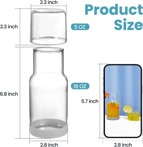 Bedside Water Carafe and Glass Set, Night Bedside Carafe with Silicone Coaster, Water Carafe with Glass Cup for Nightstand Bedroom, Lead-free and Clear Mouthwash Dispenser for Bathroom, 18 OZ in Saudi Arabia