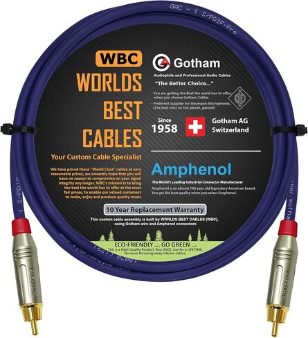 WORLDS BEST CABLES 5 Foot SPDIF Cable – Gotham GAC-1 S/PDIF-Pro (Ultrablue) High-End Silver Plated LCOFC Digital Audio Interconnect Cable & Amphenol ACPR-SRD Gold RCA Plugs - Custom Made in Saudi Arabia