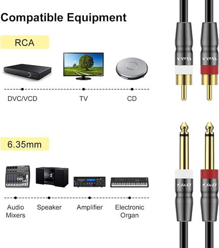 J&D Dual 1/4 Inch TS to Dual RCA Cable, 2-Pack 1/4 Male to RCA Male Adapter Stereo Audio Interconnect Heavy Duty RCA Quarter inch Cable, 6 Feet in Saudi Arabia