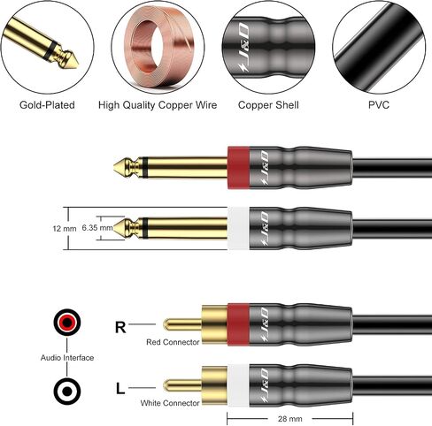 J&D Dual 1/4 Inch TS to Dual RCA Cable, 2-Pack 1/4 Male to RCA Male Adapter Stereo Audio Interconnect Heavy Duty RCA Quarter inch Cable, 6 Feet in Saudi Arabia