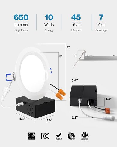 Sunco Lighting 24 Pack 4 Inch Ultra Thin LED Recessed Ceiling Lights, Baffle Trim, Selectable CCT 2700K/3000K/3500K/4000K/5000K Dimmable 10W, Wafer Thin, Canless with Junction Box in Saudi Arabia