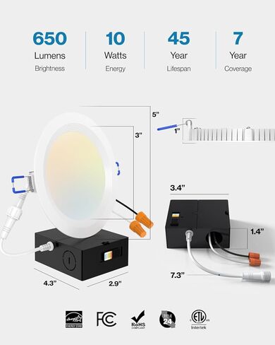 Sunco Lighting 24 Pack 4 Inch Ultra Thin LED Recessed Ceiling Lights, Baffle Trim, Selectable CCT 2700K/3000K/3500K/4000K/5000K Dimmable 10W, Wafer Thin, Canless with Junction Box in Saudi Arabia