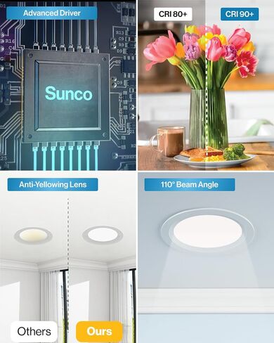 Sunco Lighting 24 Pack 4 Inch Ultra Thin LED Recessed Ceiling Lights, Baffle Trim, Selectable CCT 2700K/3000K/3500K/4000K/5000K Dimmable 10W, Wafer Thin, Canless with Junction Box in Saudi Arabia