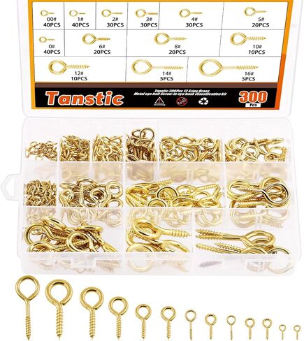 300Pcs 13 Sizes Brass Plated Eye Bolts Screw Eyes Assortment Kit, Screw-in Eye Bolts Screw Eyes Hooks Screw in Hooks Ceiling Hanging Hooks for Home Workplace Office in Saudi Arabia