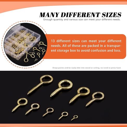 300Pcs 13 Sizes Brass Plated Eye Bolts Screw Eyes Assortment Kit, Screw-in Eye Bolts Screw Eyes Hooks Screw in Hooks Ceiling Hanging Hooks for Home Workplace Office in Saudi Arabia