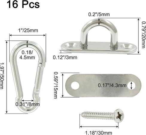 Pad Eye Plate U Hooks + Stainless Steel Snap Hook,Marine Hardware Staple Hook Loop with Screws,16 Pcs in Saudi Arabia
