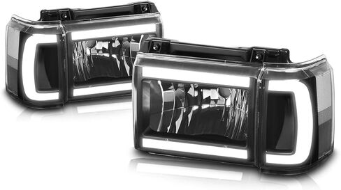 متوافق مع مجموعة المصابيح الأمامية Ford Bronco/F150-F350 87-91، شريط LED DRL، غطاء زاوية شفاف من الكروم in Kuwait