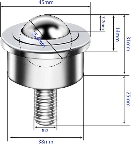 محمل نقل دوار للكرة، 4 قطع M12 جذع خيط 1 بوصة، بكرة نقل الكرة شديدة التحمل لنقل الحركة، مثبتة على مسمار، جذع خيط، محمل فولاذي وفولاذ كربوني، سعة تحميل إجمالية 1600 رطل. in Kuwait