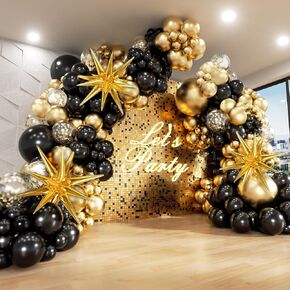 Black and Gold Balloons Garland Arch Kit, 5 10 12 18inch Black Gold Confetti Latex Balloons for 2024 Graduation Decorations Anniversary Birthday Party Decorations