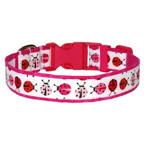 Ladybugs Dog Collar - Red and Pink Lady Bugs on White - 100% Cotton - 4 Sizes - 1 Inch Wide - Handmade by Green Acorn Kitchen (Medium 12-17")