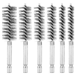 6pcs Stainless Steel Wire Bore Brushes, Wire Brush for Drill with 1/4 Inch Hex Shank Pipe Cleaning Brush Copper Pipe Cleaner Twisted Wire Brush for Power Drill