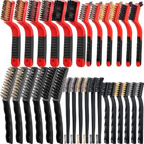 Sumind 30 Pcs Wire Brush Set Cleaning Brush Set Nylon/ Stainless Steel/ Brass Brush with Curved Handle Grip Paint Remover Metal Brush for Cleaning, Rust, Drill, Scrub, Grout Cleaner Tool