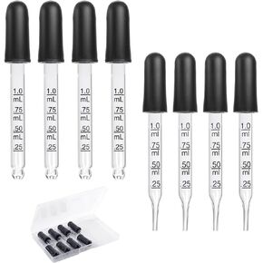 8pcs 1ml Eye Dropper, Glass Dropper with Measurements Pipettes Dropper with Rubber Head Glass Pipette for Medicine, Essential Oils, Feeding, Ear, Laboratory(2 Styles)