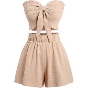 MakeMeChic Women's 2 Piece Outfit Shirred Tie Front Sleeveless Bandeau Summer Tube Top and Wide Leg Shorts Set