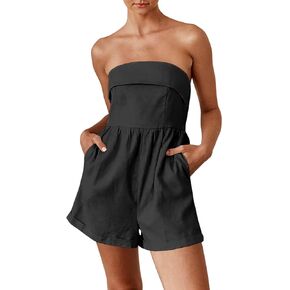 Tongmingyun Women's Strapless Summer Romper Sleeveless Off Shoulder Smocked Elastic Waist Casual Short Jumpsuit