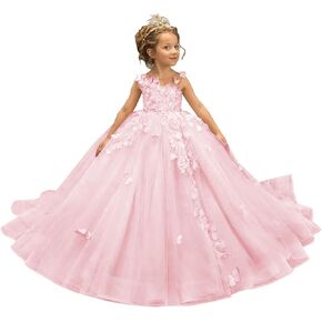 3D Butterfly Flower Girl Dress Appliques Tulle Communion Party Princess Wedding Pageant Ball Gown Dress