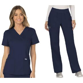 Cherokee Scrub Set For Women, Modern Classic Fit Mock Wrap Top WW610 With Mid Rise, Straight Leg Pant WW110, Navy- L Top/L Petite Pant