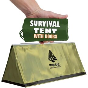 Ultralight Survival Tent – Soda-Can Sized, Under 1lb - Emergency Survival Gear Tent Shelter - Mylar Tube Tent with Doors for Camping, Bugout Bags, Survival Kits - Waterproof Camo Survival Tarp