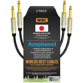 WORLDS BEST CABLES 2 Units - 18 Inch - Pedal, Effects, Patch, Instrument Cable Custom Made Using Mogami 2319 Wire & Amphenol ACPM-GN-AU M-Series Straight Gold TS Plugs
