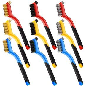 Wire Brush Set,9 Pcs Brass/Stainless Steel/Nylon Wire Brushes,Mini Brushes with Curved Handle Grip,Heavy Duty Wire Brushes for Cleaning Rust,Welding Slag,Paint and Dust,7 Inches (9)