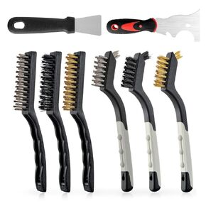 Wire Brush Set 6Pcs, Scratch Brushes with Brass/Stainless Steel/Nylon Bristles & 2Pcs Paint Scrapers - Deep Cleaning for Paint Scrubbing, Rust & Dirt Removal and Kitchen Cleaner .