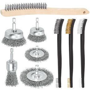 Swpeet 10Pcs Wire Brush Set, Including 5Pcs Wire Wheel Cup Brush, 3Pcs Stainless Steel/Brass/Nylon Bristles with Curved Handle Grip and 2Pcs Stainless & Carbon Steel Wire Brush for Deep Cleaning