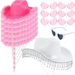 14 Pcs Bridal Cowgirl Party Set Bachelorette Feather Cowgirl Cowboy Hat Heart Shaped Sunglasses Fringes Hat Bride Cowboy Hat for Women Wedding Bachelorette Birthday Costume Party Last Disco