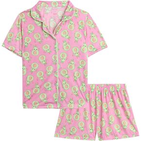 Rene Rofe Girls' Pajama Set - 2 Piece Button Down Sleep Shirt and Lounge Shorts - Sleepwear Set for Girls (4-12)