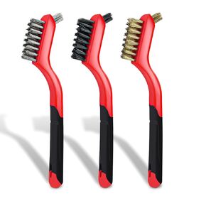 3 Pcs Wire Brush Set- Brass/Nylon/Stainless Steel Brush, Deep Clean Detailing Tools, Premium Metal Brush, Small Wire Brush for Cleaning Rust, Dirt, Welding Slag (Red)