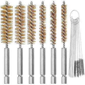 6 Pieces Stainless Steel Bore Brush in Different Sizes + 15 Pcs Cleaning Needles Nylon Brushes Tools, Twisted Wire Brush with Handle 1/4 Inch Hex Shank Attachment Drill Set for Tubes Ports Bearings