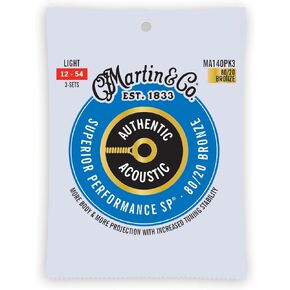 Martin Authentic Acoustic Guitar Strings, Superior Performance Light 12-54, 80/20 Bronze, 3 Pack