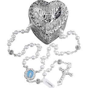 6mm Glass Pearl Beads Catholic Rosary Necklace with Metal Heart Rose Gift Box
