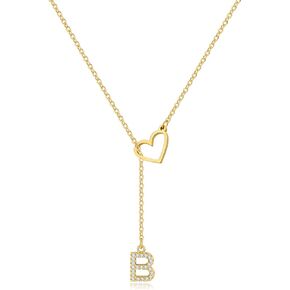Initial Charm Necklace for Women, Dainty Cubic Zirconia 26 Letter Heart Slip Chain Necklaces 14k Gold Plated Stainless Steel Y Necklaces for Teen Girls Trendy Waterproof Jewelry Gifts