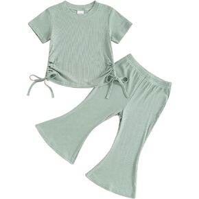 Toddler Baby Girl Clothes Set Drawstring Knit Ribbed Short Sleeves T-Shirts Tops Pants Infant 2Pcs Summer Outfits