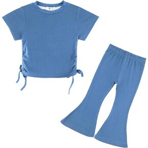 ACESTAR Toddler Baby Girls Clothes Set 2 Piece Summer Outfits Solid Short Sleeve T-Shirts Tee & Flared Pants Sets 12M-6 Years