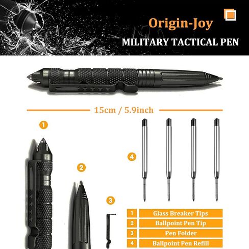 Gift Boxed Tactical Pen, Tungsten Steel Military Tactical Pen, Emergency Self Defense Glass Breaker EDC Tool with 8 Refills (Black) in Saudi Arabia