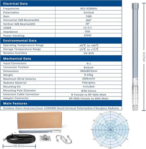 ZDTECH 915MHz LoRa Gateway Antenna Omni Directional Fiberglass هوائي خارجي داخلي LoRawan هوائي مع 20 قدم N أنثى إلى RP-SMA كابل تمديد ذكر لـ RAK HNT Lynx Helium Hotspot Miner in Kuwait