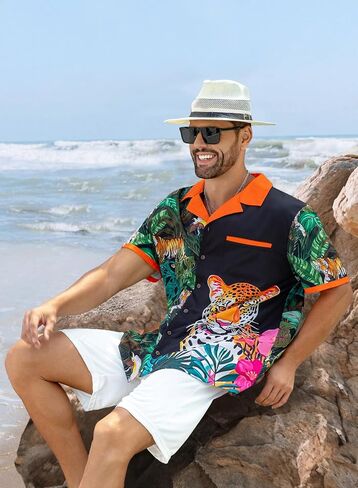 قمصان هاواي للرجال بأزرار جوز الهند، قميص شاطئ صيفي استوائي كاجوال in Kuwait