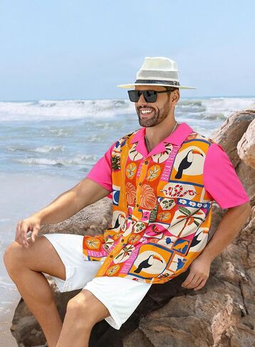 قمصان هاواي للرجال بأزرار جوز الهند، قميص شاطئ صيفي استوائي كاجوال in Kuwait
