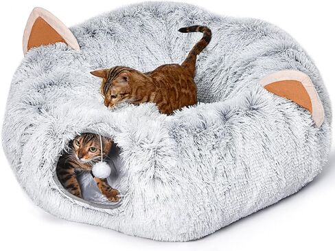 Cat Tunnel with Cat Bed for Indoor Cats, Adorable Plush Peekaboo Cat Cave, Multifunctional Cat Donut Tunnel Playground Toys for Small Medium Large Cats Kitten Rabbit Ferret, Grey in Saudi Arabia
