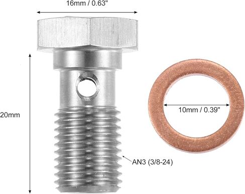 X AUTOHAUX 1pcs Stainless Steel AN3 3/8-24 Thread Turbo Brake Line Banjo Bolt with Copper Washers Single Banjo Bolt 20mm Length in Saudi Arabia