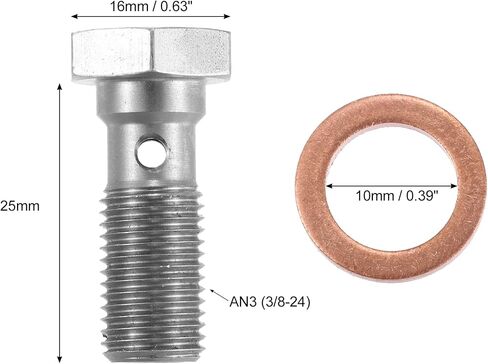 X AUTOHAUX 1pcs Stainless Steel AN3 3/8-24 Thread Turbo Brake Line Banjo Bolt with Copper Washers Single Banjo Bolt 20mm Length in Saudi Arabia