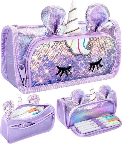 Cute Pencil Case, 3D Pencil Pouch for Girls Kids, Sparkly Pencil Bag with Sequins for Students, Glitter Bling School Supplies Stationary Pen Holder, Purple in Saudi Arabia