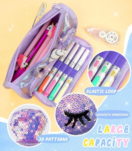 Cute Pencil Case, 3D Pencil Pouch for Girls Kids, Sparkly Pencil Bag with Sequins for Students, Glitter Bling School Supplies Stationary Pen Holder, Purple in Saudi Arabia