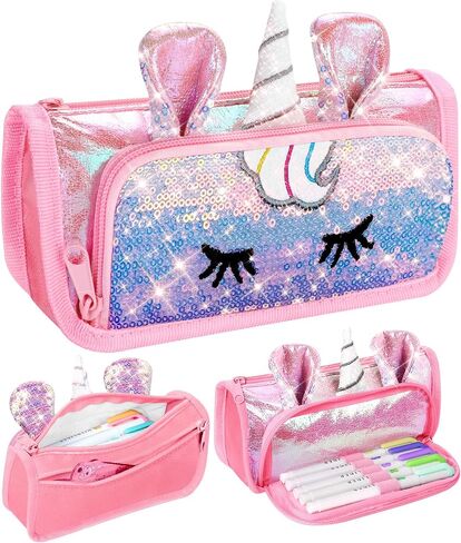 Cute Pencil Case, 3D Pencil Pouch for Girls Kids, Sparkly Pencil Bag with Sequins for Students, Glitter Bling School Supplies Stationary Pen Holder, Purple in Saudi Arabia