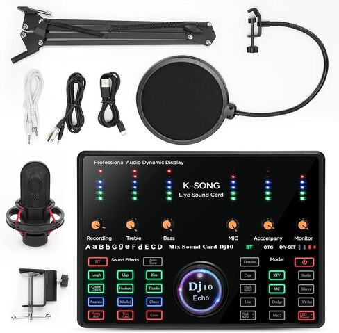 حزمة معدات البودكاست، طقم ميكروفون مكثف مع بطاقة صوت حية وحامل ميكروفون قابل للتعديل لتسجيل غناء الاستوديو، والصوت الزائد، والبث المباشر ومقاطع فيديو يوتيوب in Kuwait