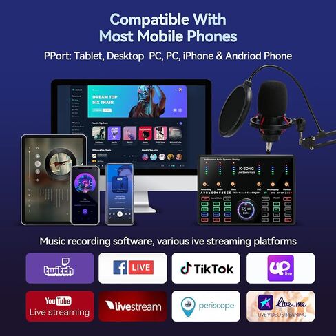 حزمة معدات البودكاست، طقم ميكروفون مكثف مع بطاقة صوت حية وحامل ميكروفون قابل للتعديل لتسجيل غناء الاستوديو، والصوت الزائد، والبث المباشر ومقاطع فيديو يوتيوب in Kuwait